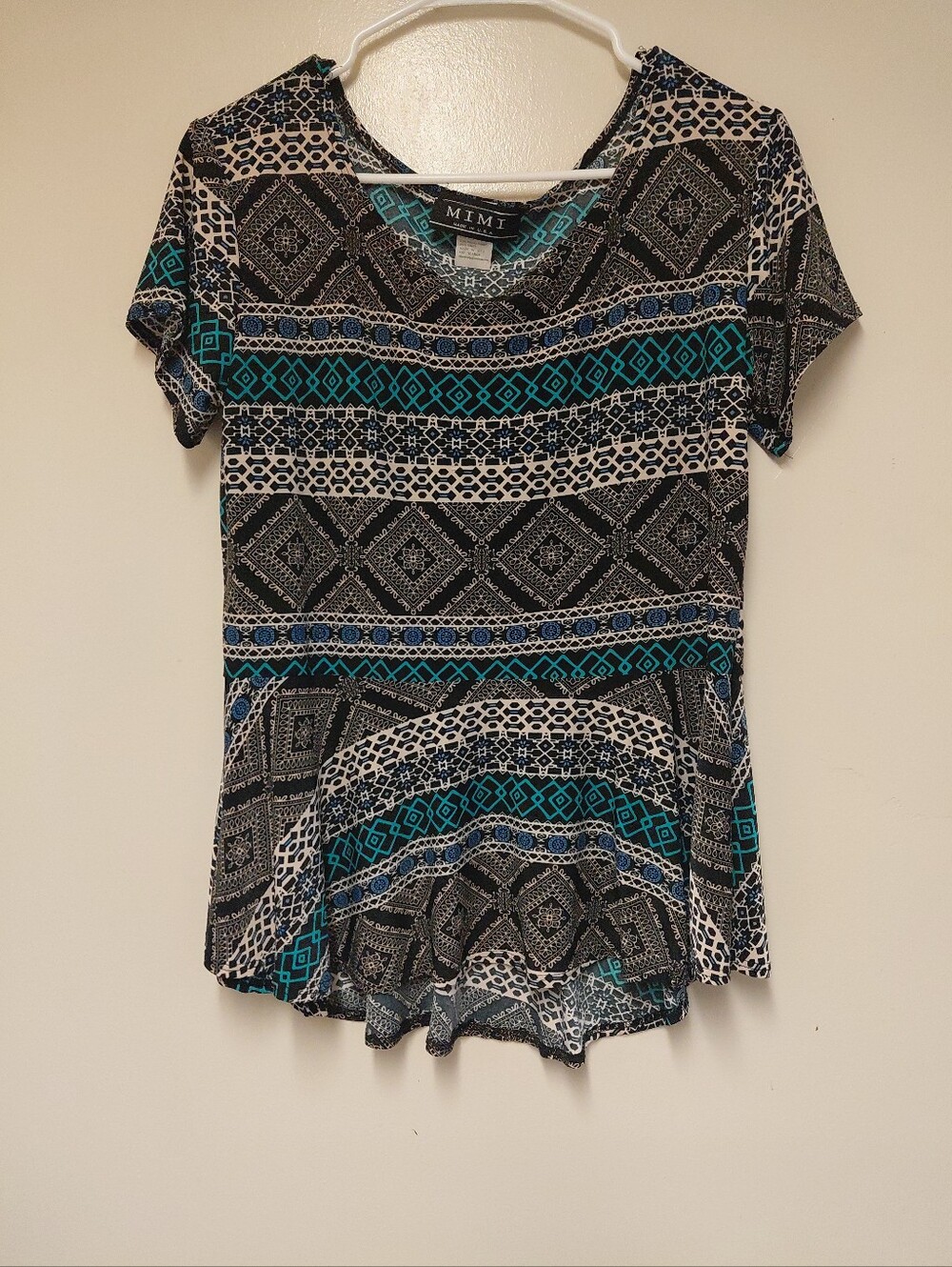 Vintage MIMI Women's Black Geometric Print Short Sleeve Peplum Blouse Size XL